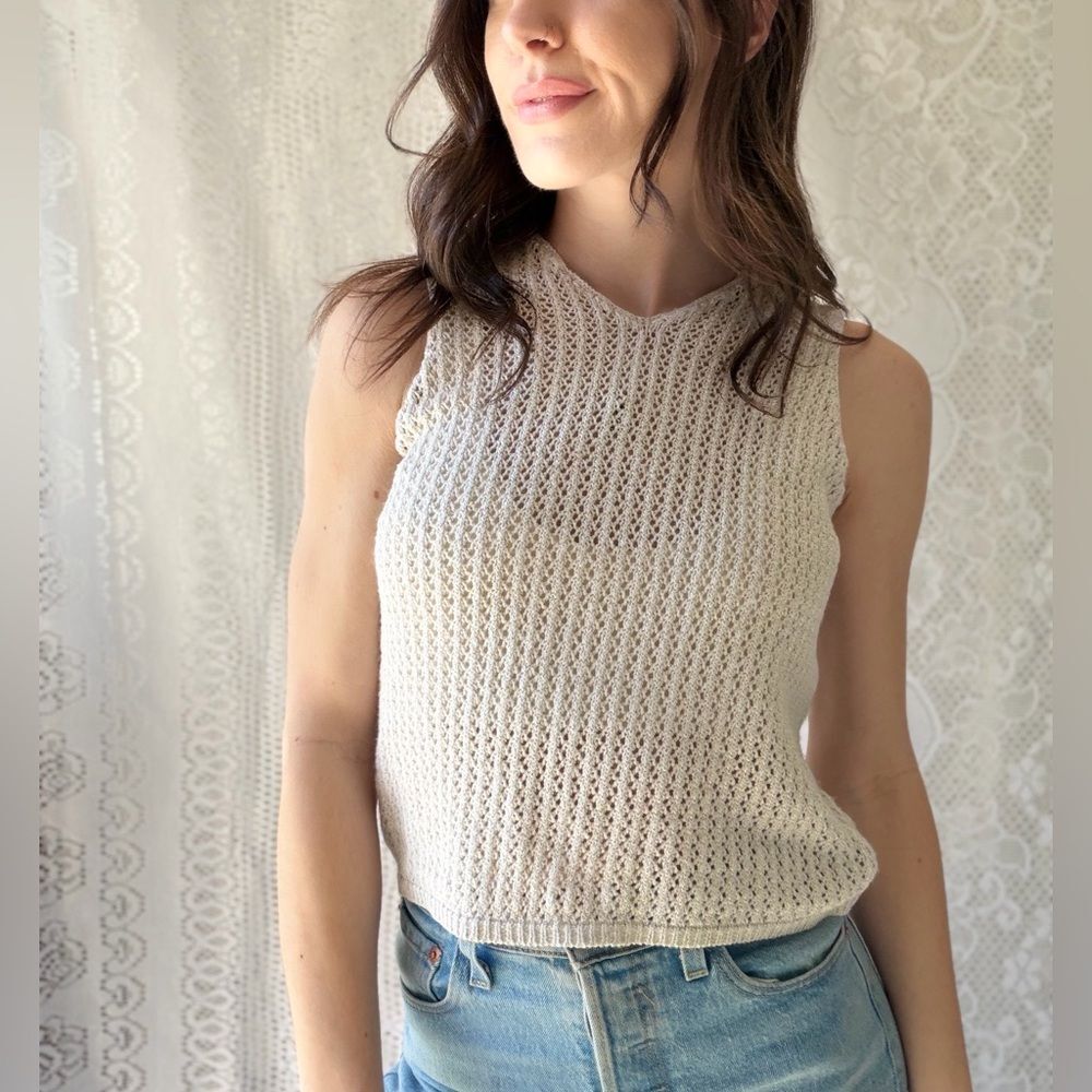 90s Style & Co Petite Linen Blend Crochet Knit Sleeveless Sweater Tank
